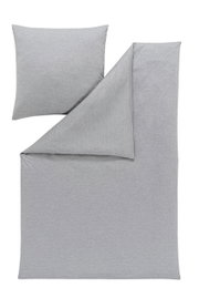 Graue Bettwäsche-Set bestehend aus einem Kissenbezug und einem Bettdeckenbezug, von oben betrachtet.
