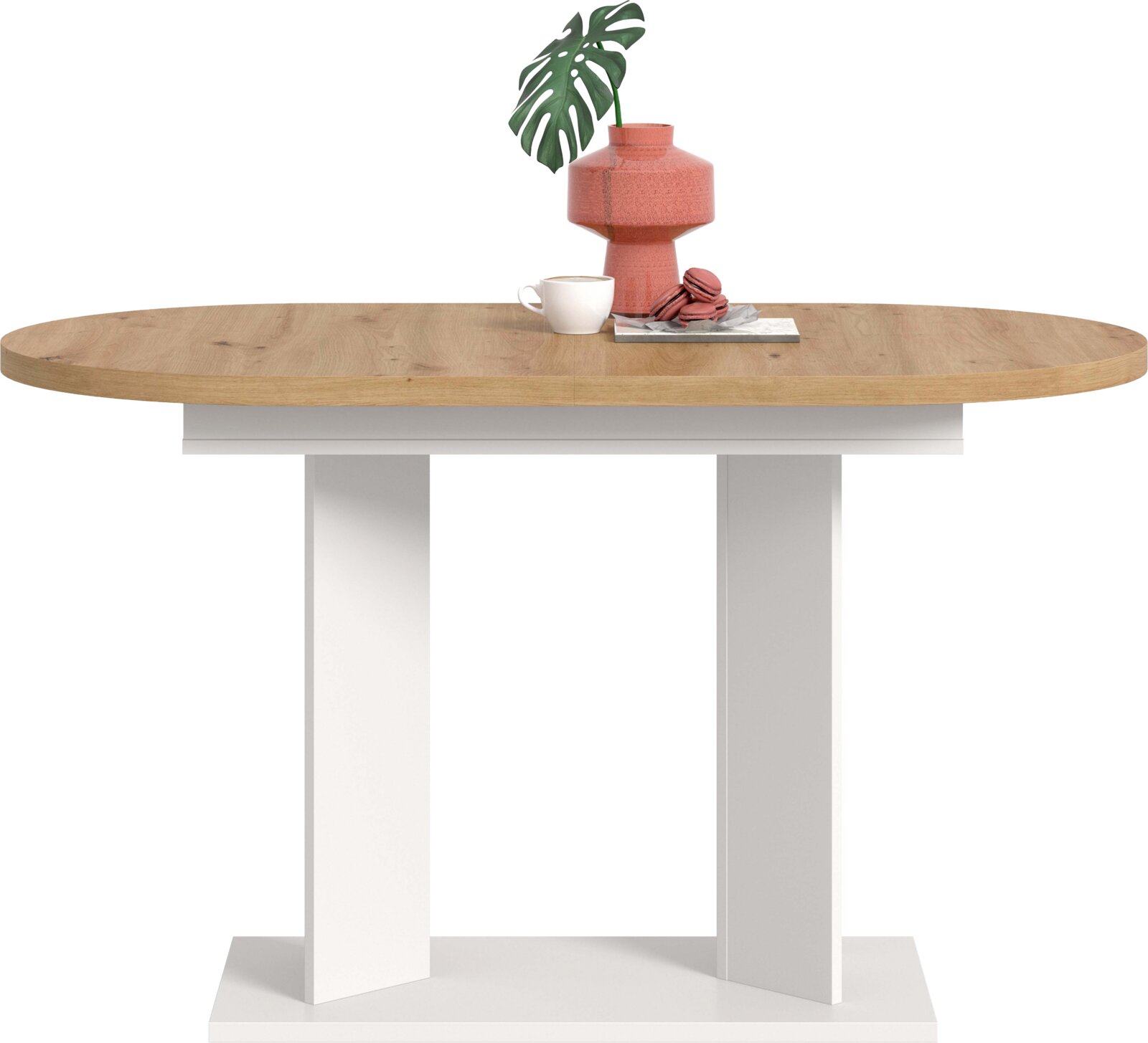 Runder Esstisch mit heller Holzplatte und weißem Säulenfuß, frontal aus leicht erhöhter Perspektive; dekoriert mit rosafarbener Vase, grünem Blatt, Kaffeetasse und Macarons