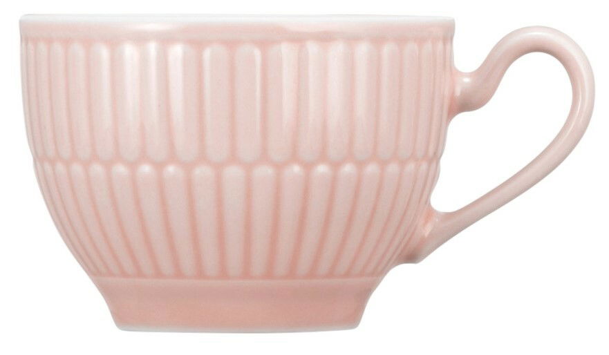 Rosa Espressoobertasse mit geriffeltem Design, seitliche Perspektive