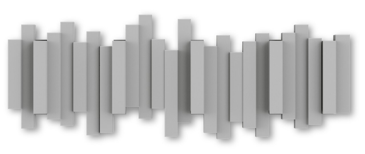 Moderne Wandgarderobe mit vertikalen, unterschiedlich langen grauen Streben, frontal betrachtet.