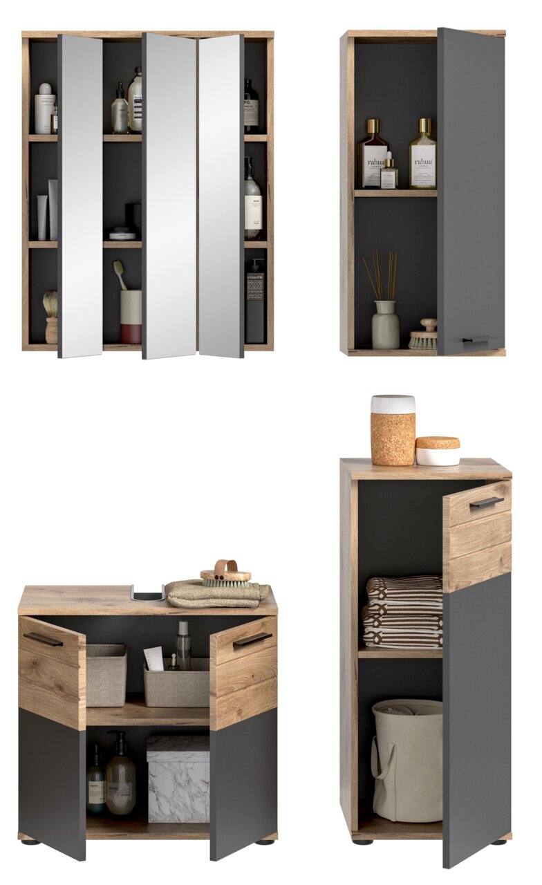 Badezimmermöbel-Set mit Holz- und Grautönen, bestehend aus einem Spiegelschrank, einem hohen Schrank und einem Waschbeckenunterschrank. Die Perspektive zeigt die Möbel von vorne, mit offenen Türen, die den Stauraum und die enthaltenen Accessoires sichtbar