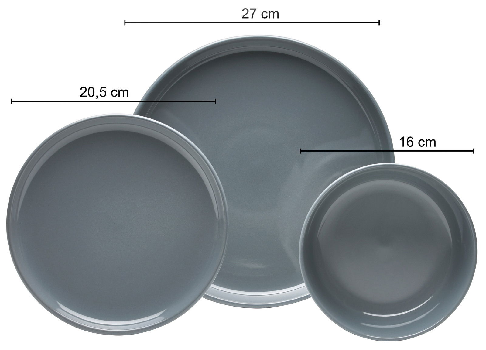 Draufsicht auf drei graue Teller in verschiedenen Größen: 27 cm, 20,5 cm und 16 cm.
