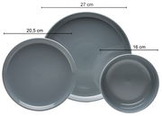 Draufsicht auf drei graue Teller in verschiedenen Größen: 27 cm, 20,5 cm und 16 cm.