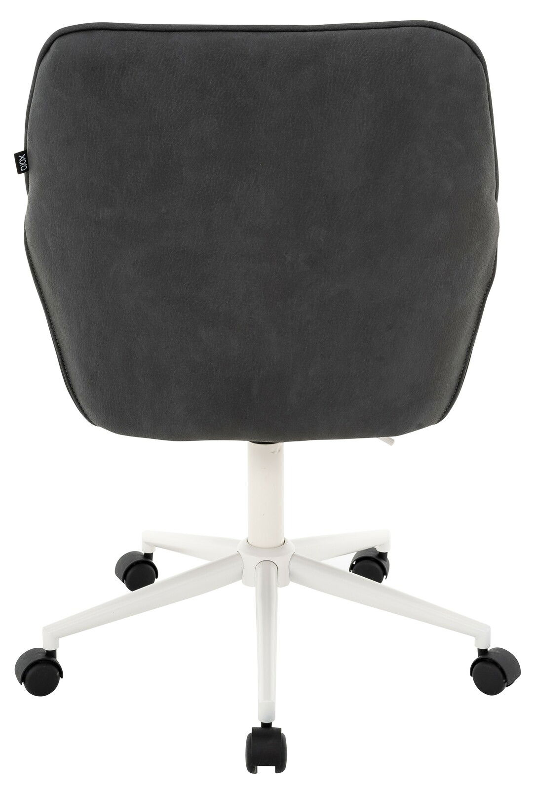 Rückansicht eines schwarzen Drehstuhls mit weißem Gestell und Rollen