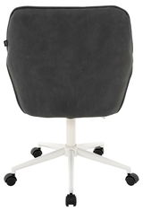 Rückansicht eines schwarzen Drehstuhls mit weißem Gestell und Rollen