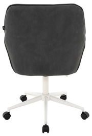 Rückansicht eines schwarzen Drehstuhls mit weißem Gestell und Rollen