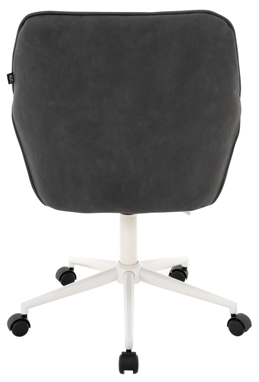 Rückansicht eines schwarzen Drehstuhls mit weißem Gestell und Rollen