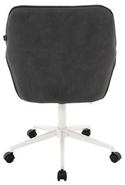 Rückansicht eines schwarzen Drehstuhls mit weißem Gestell und Rollen