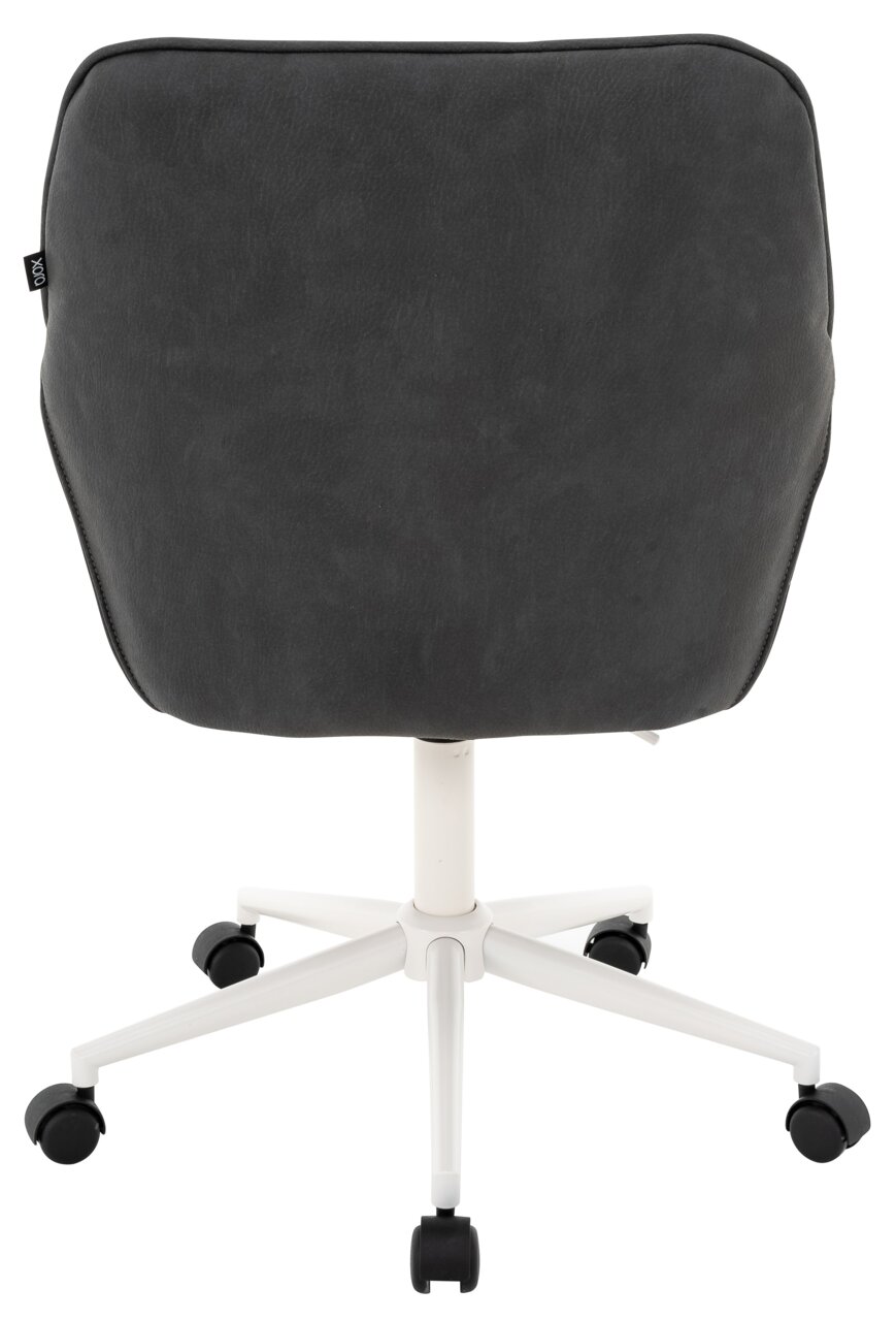 Rückansicht eines schwarzen Drehstuhls mit weißem Gestell und Rollen