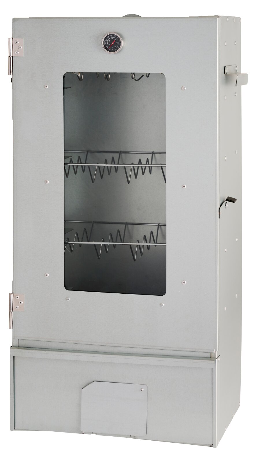 Großer Räucherschrank aus Metall mit Sichtfenster, Thermometer und mehreren Aufhängerosten, in Vorderansicht leicht von rechts dargestellt