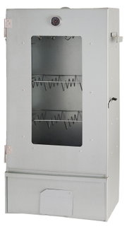 Großer Räucherschrank aus Metall mit Sichtfenster, Thermometer und mehreren Aufhängerosten, in Vorderansicht leicht von rechts dargestellt