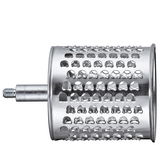 Seitliche Ansicht einer silbernen Trommelreibe mit Lochmuster und Schraubgewinde.