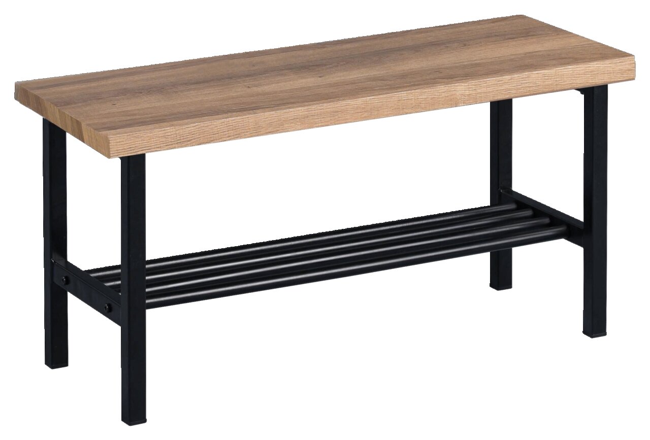 Garderobenbank mit Holzsitzfläche und schwarzem Metallgestell, seitliche Perspektive
