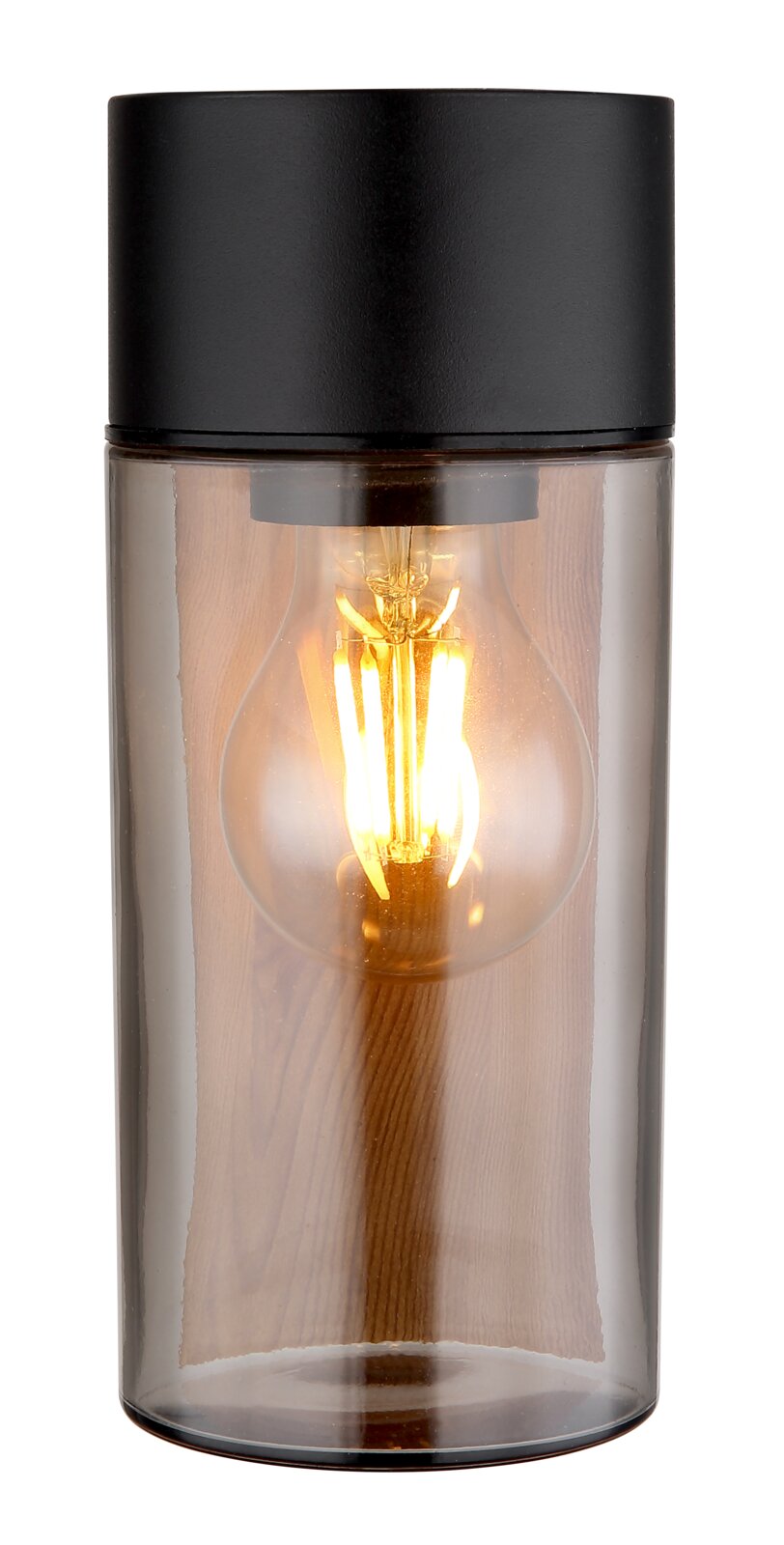 Zylindrische Außenleuchte mit schwarzem Deckel und transparentem Glas, frontal betrachtet, mit sichtbarer Glühbirne im Inneren.