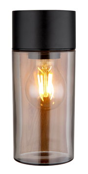 Zylindrische Außenleuchte mit schwarzem Deckel und transparentem Glas, frontal betrachtet, mit sichtbarer Glühbirne im Inneren.