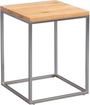 Moderner Beistelltisch mit Holzplatte und Metallgestell, seitliche Perspektive
