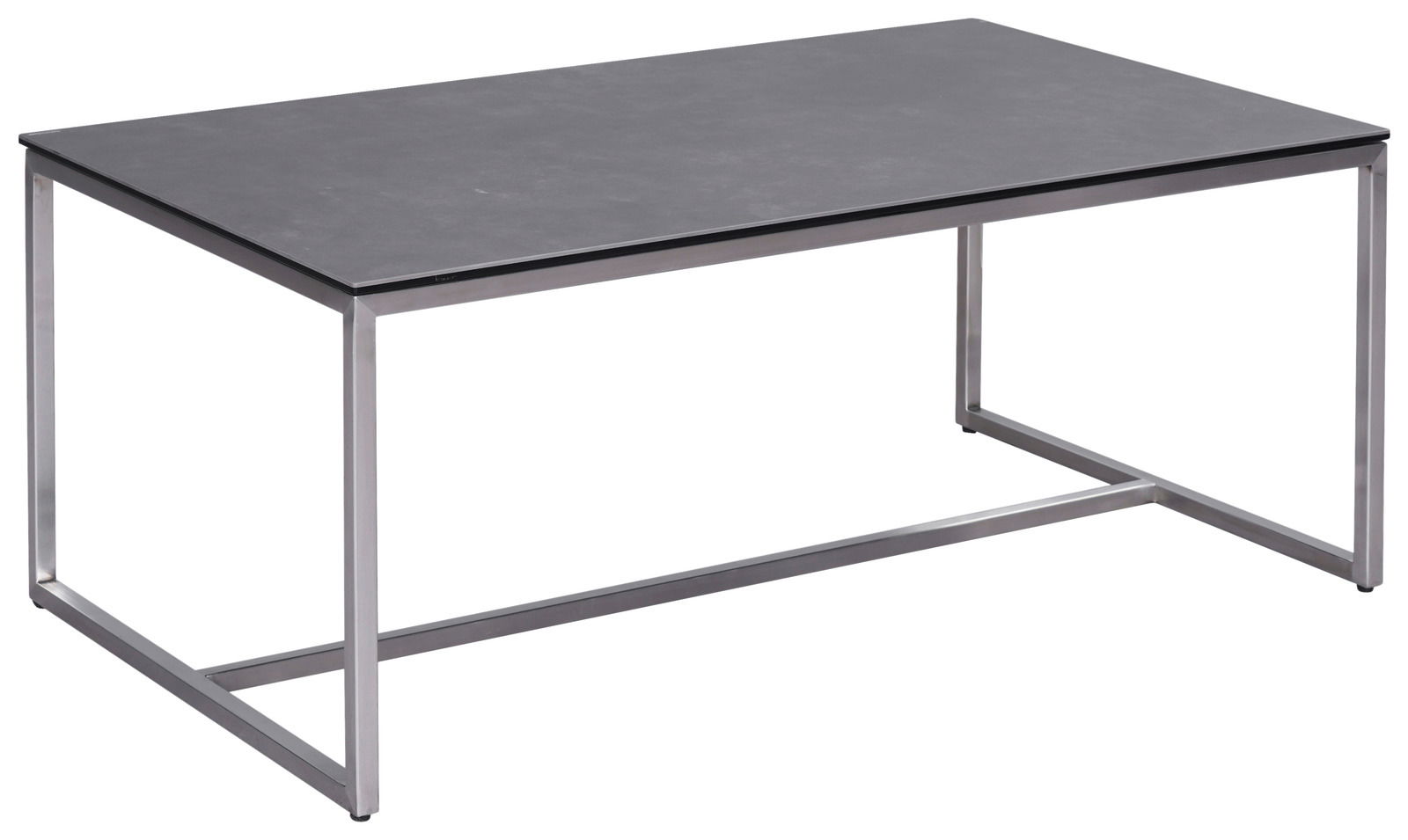 Moderner Couchtisch mit rechteckiger, dunkler Tischplatte und silbernem Metallgestell, seitliche Perspektive