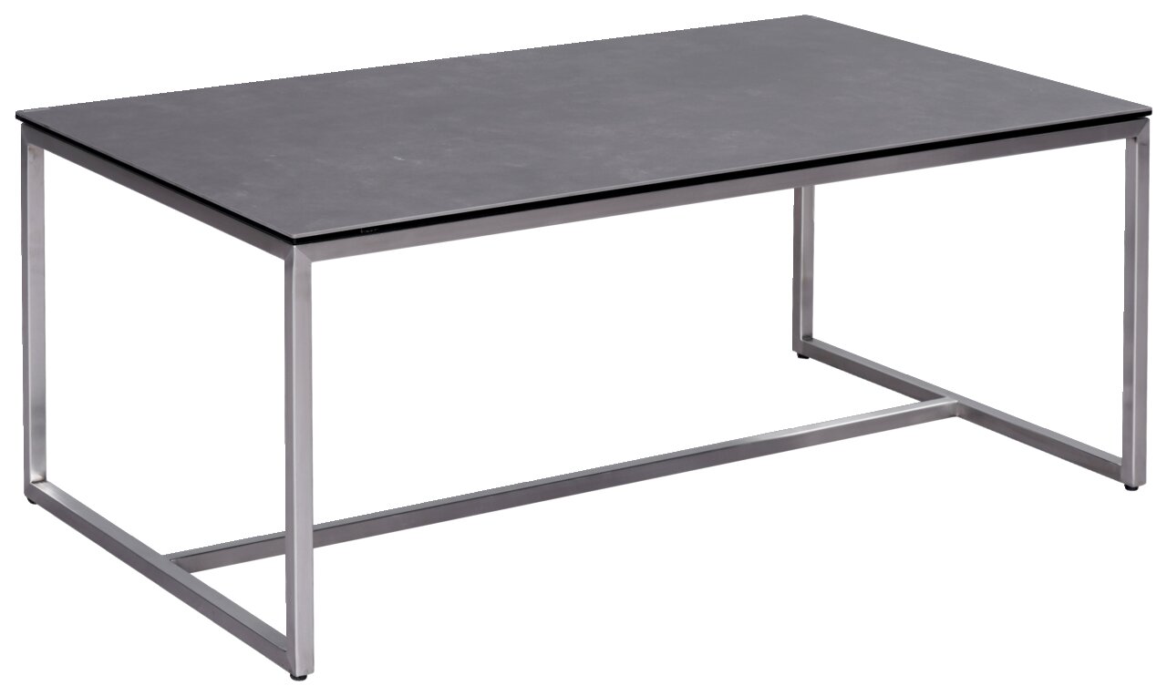 Moderner Couchtisch mit rechteckiger, dunkler Tischplatte und silbernem Metallgestell, seitliche Perspektive