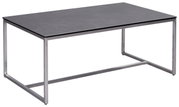 Moderner Couchtisch mit rechteckiger, dunkler Tischplatte und silbernem Metallgestell, seitliche Perspektive