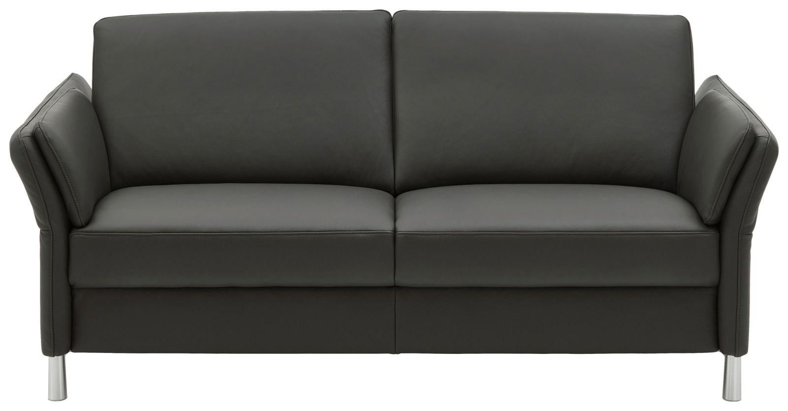 Schwarzes Ledersofa mit zwei Sitzplätzen, frontal fotografiert