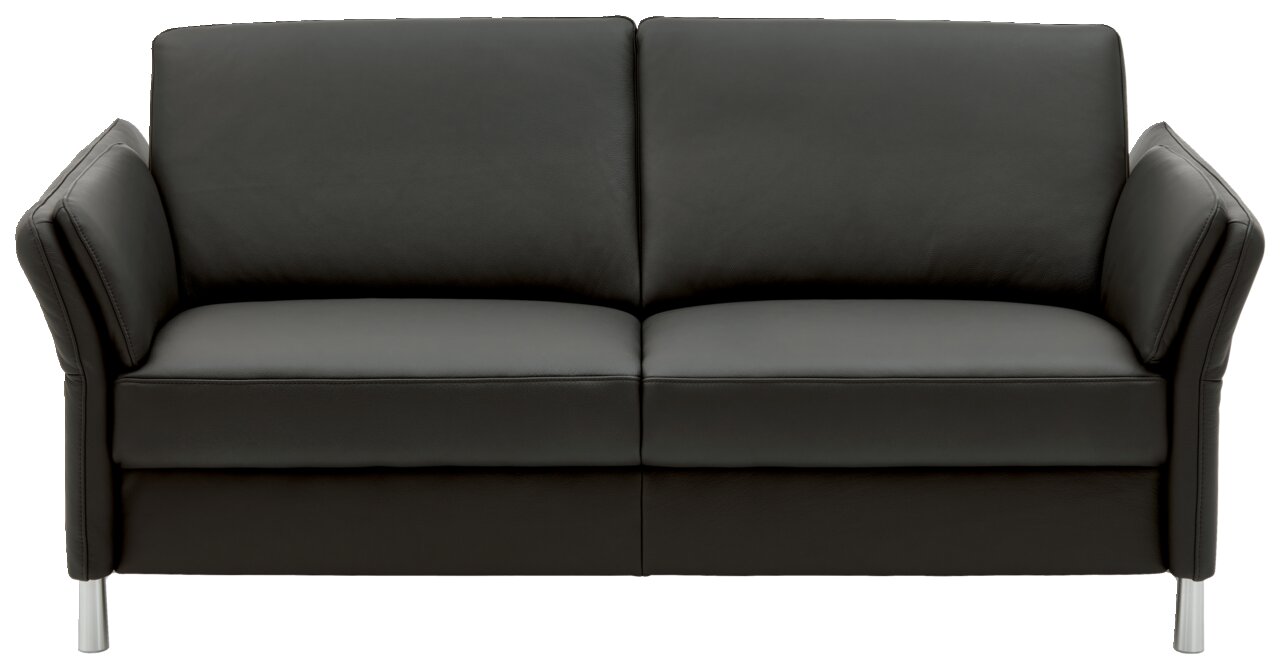 Schwarzes Ledersofa mit zwei Sitzplätzen, frontal fotografiert