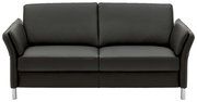Schwarzes Ledersofa mit zwei Sitzplätzen, frontal fotografiert
