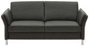 Schwarzes Ledersofa mit zwei Sitzplätzen, frontal fotografiert