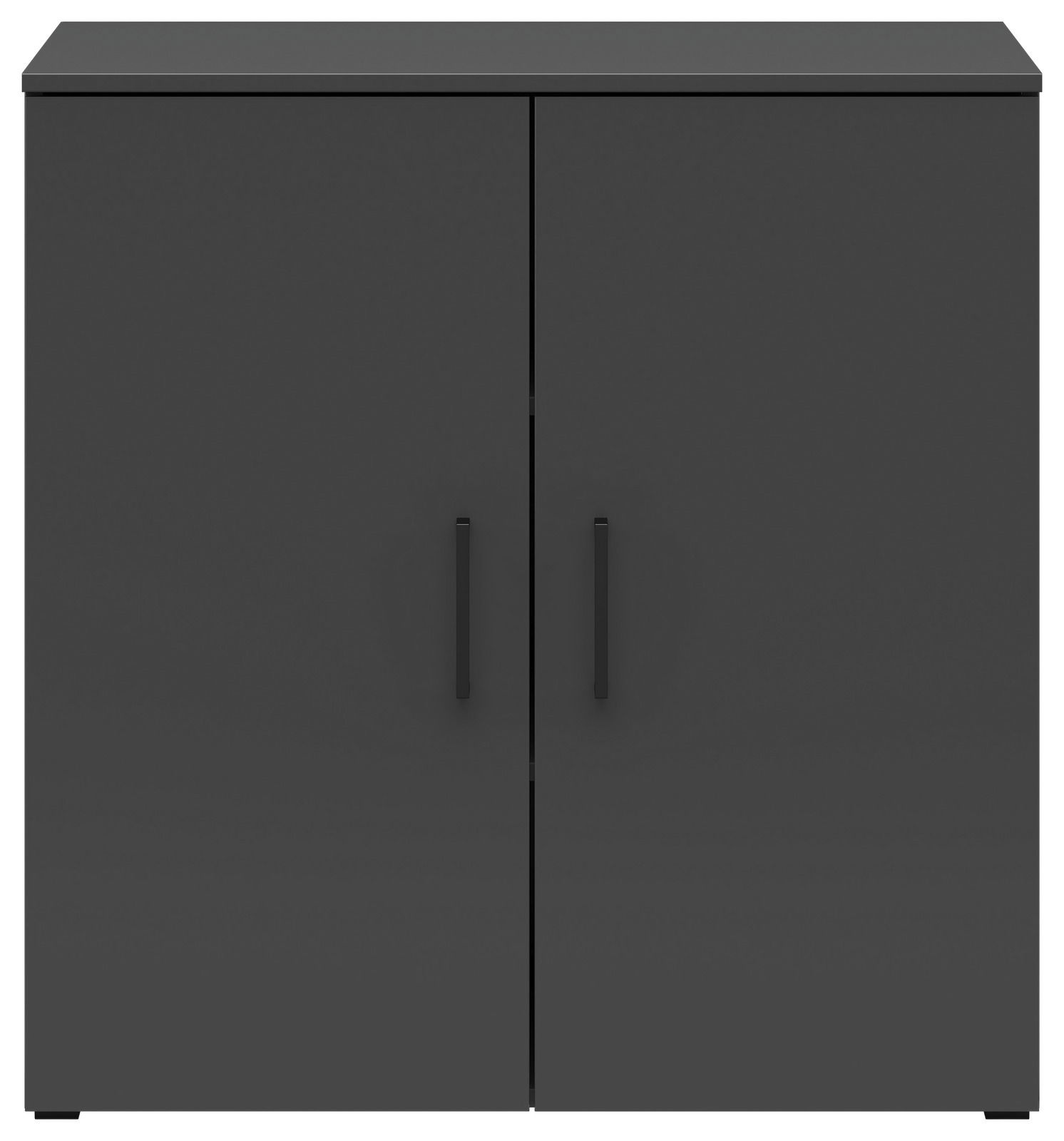 Schwarze Kommode mit zwei Türen, frontale Ansicht