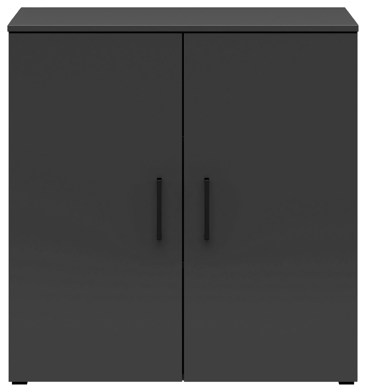 Schwarze Kommode mit zwei Türen, frontale Ansicht