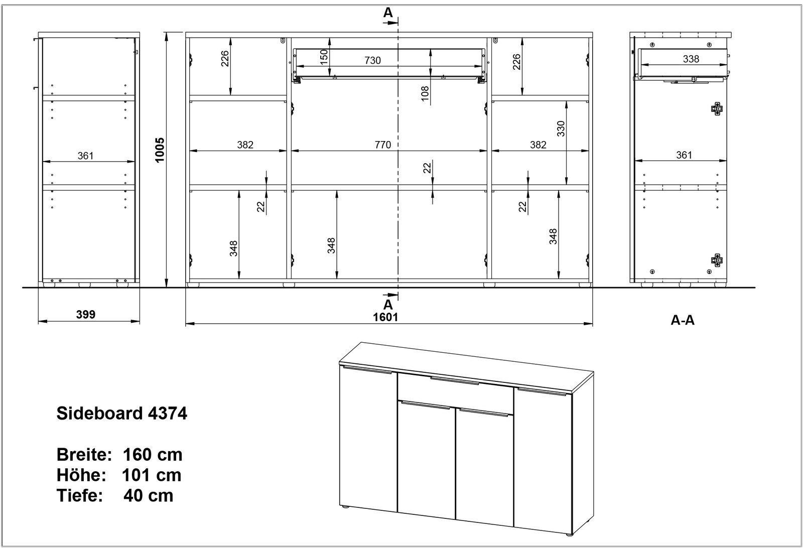 Technische Zeichnung eines Sideboards mit den Maßen: Breite 160 cm, Höhe 101 cm, Tiefe 40 cm. Frontansicht und seitliche Perspektive.