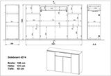 Technische Zeichnung eines Sideboards mit den Maßen: Breite 160 cm, Höhe 101 cm, Tiefe 40 cm. Frontansicht und seitliche Perspektive.