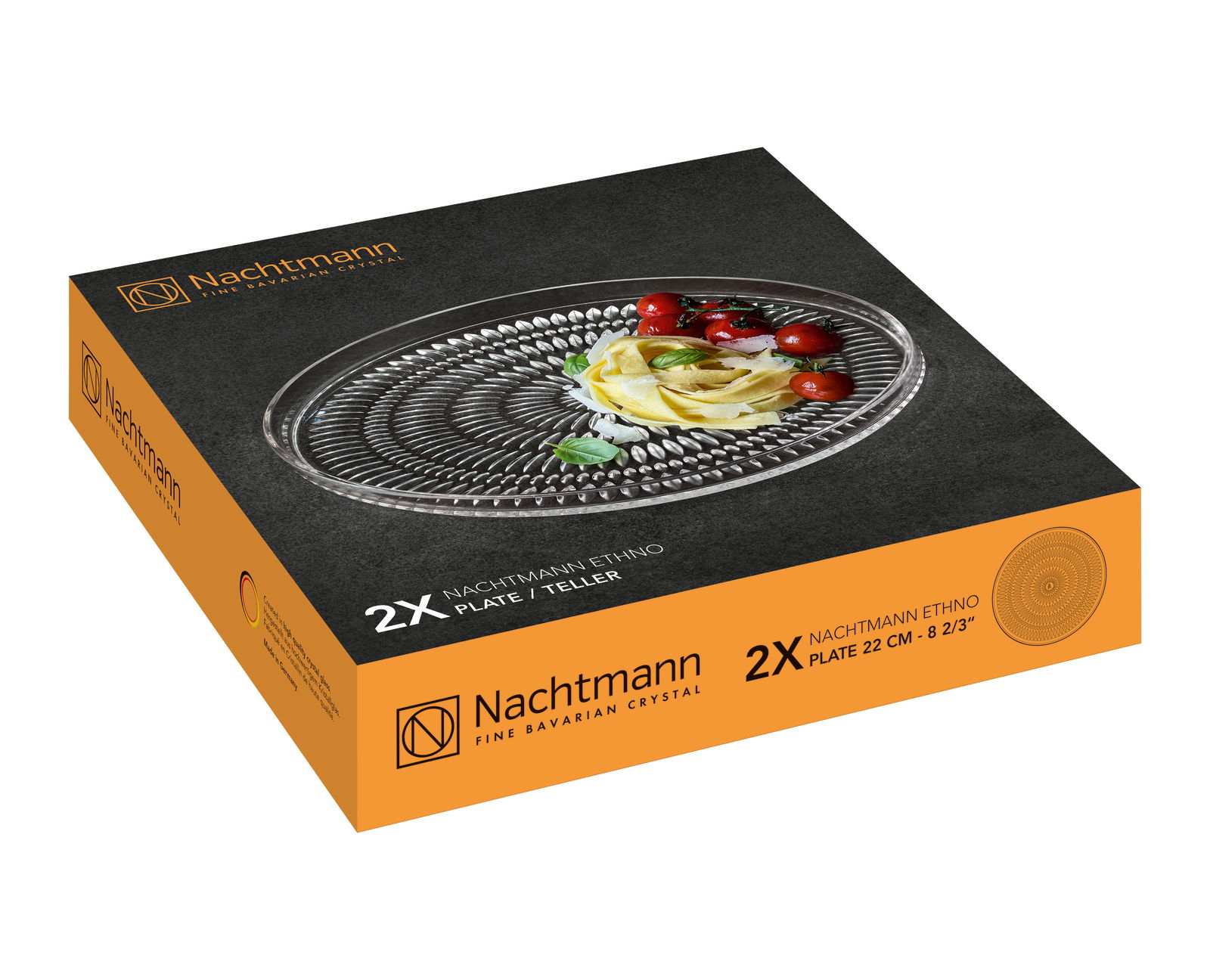 Verpackung eines 2-teiligen Nachtmann Ethno Tellersets, 22 cm, mit einem Teller, der von oben mit Pasta und Tomaten dekoriert ist.