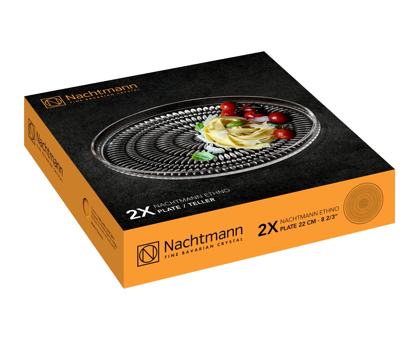 Verpackung eines 2-teiligen Nachtmann Ethno Tellersets, 22 cm, mit einem Teller, der von oben mit Pasta und Tomaten dekoriert ist.