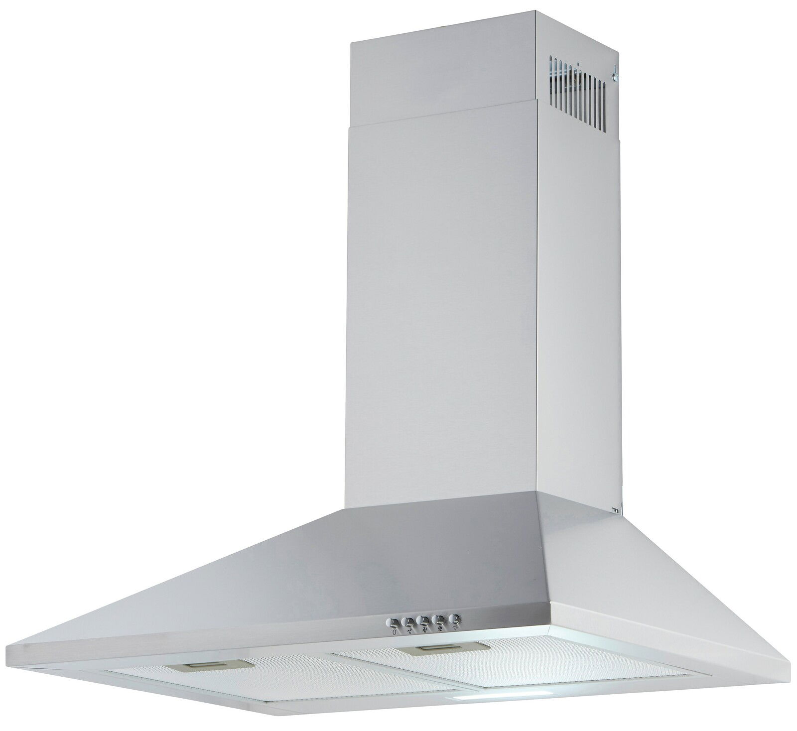 Silberne Dunstabzugshaube in Edelstahloptik, seitliche Perspektive