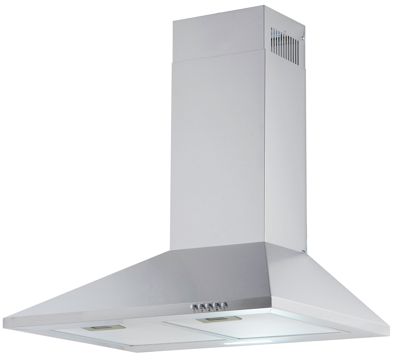 Silberne Dunstabzugshaube in Edelstahloptik, seitliche Perspektive