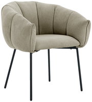 Moderner Armlehnstuhl mit gepolstertem, beigem Stoffbezug und schwarzen Metallbeinen, seitliche Perspektive