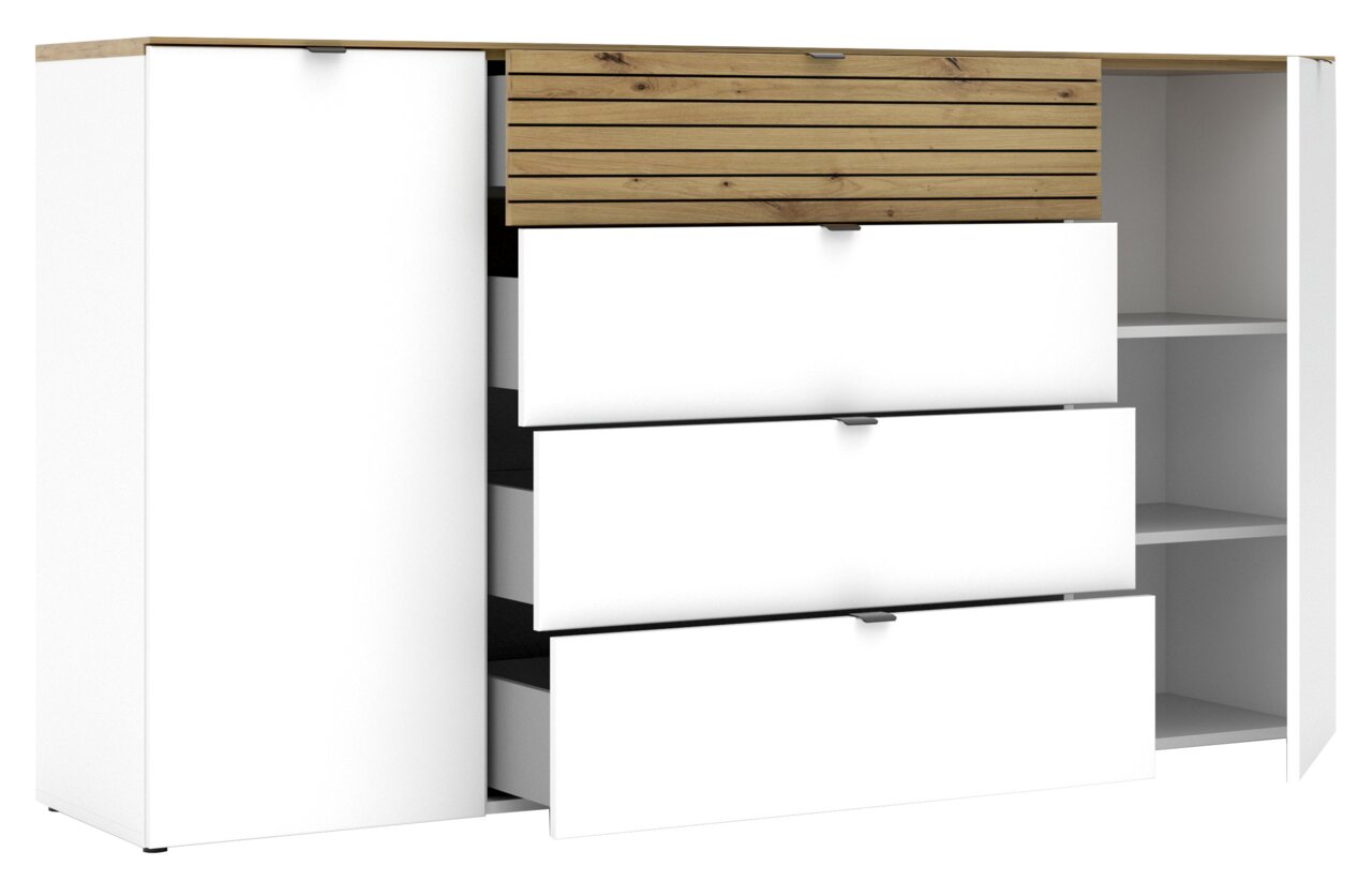 Wit dressoir met houten details, open lades en deuren, zijaanzicht