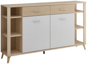 Aktenschrank-Regalkombination aus hellem Holz mit weißen Türen und Schubladen, seitliche Regalfächer, frontale Perspektive