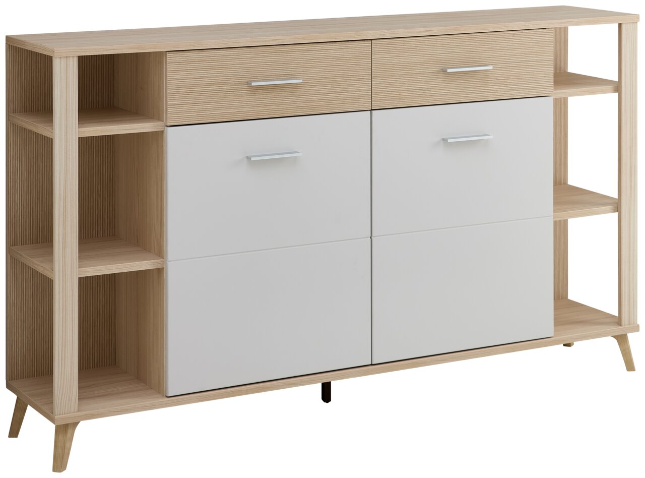 Aktenschrank-Regalkombination aus hellem Holz mit weißen Türen und Schubladen, seitliche Regalfächer, frontale Perspektive