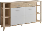 Combinatie van archiefkast en boekenkast van licht hout met witte deuren en lades, open vakken aan de zijkant, vooraanzicht