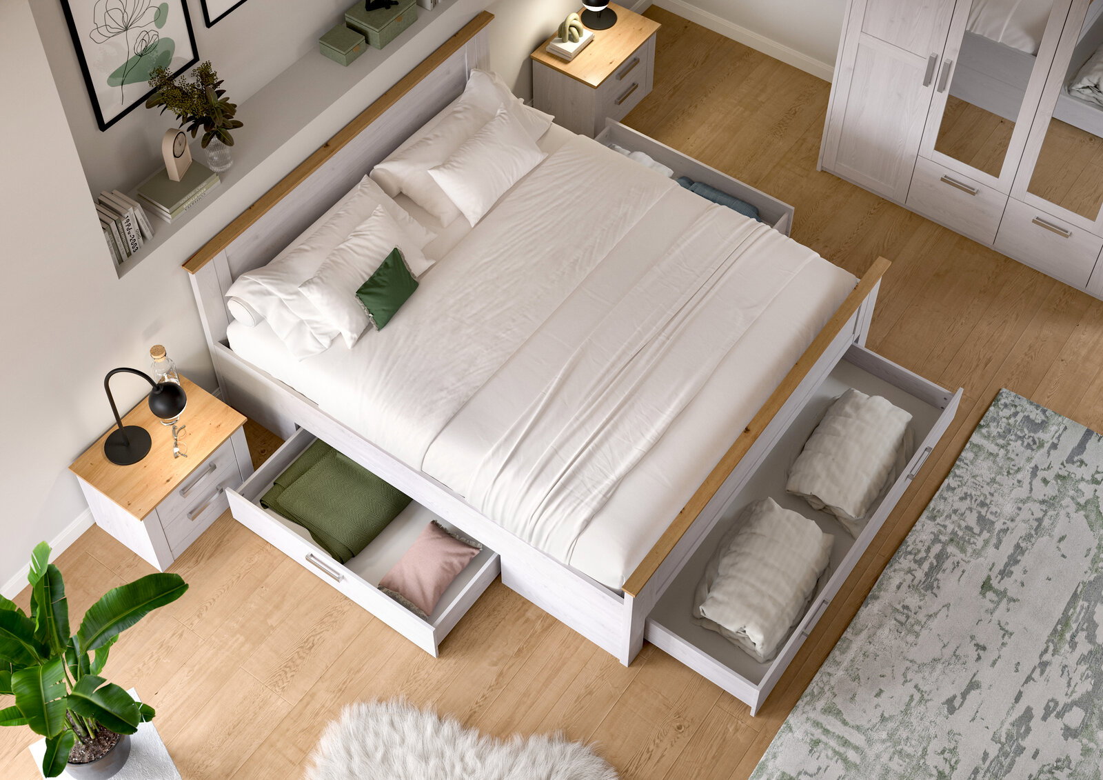 Modernes Doppelbett in Weiß mit Holz-Akzenten und integrierten Schubladen unter dem Bett, in einem hellen Schlafzimmer mit Nachttischen und Kleiderschrank, Draufsicht aus schräger Vogelperspektive.