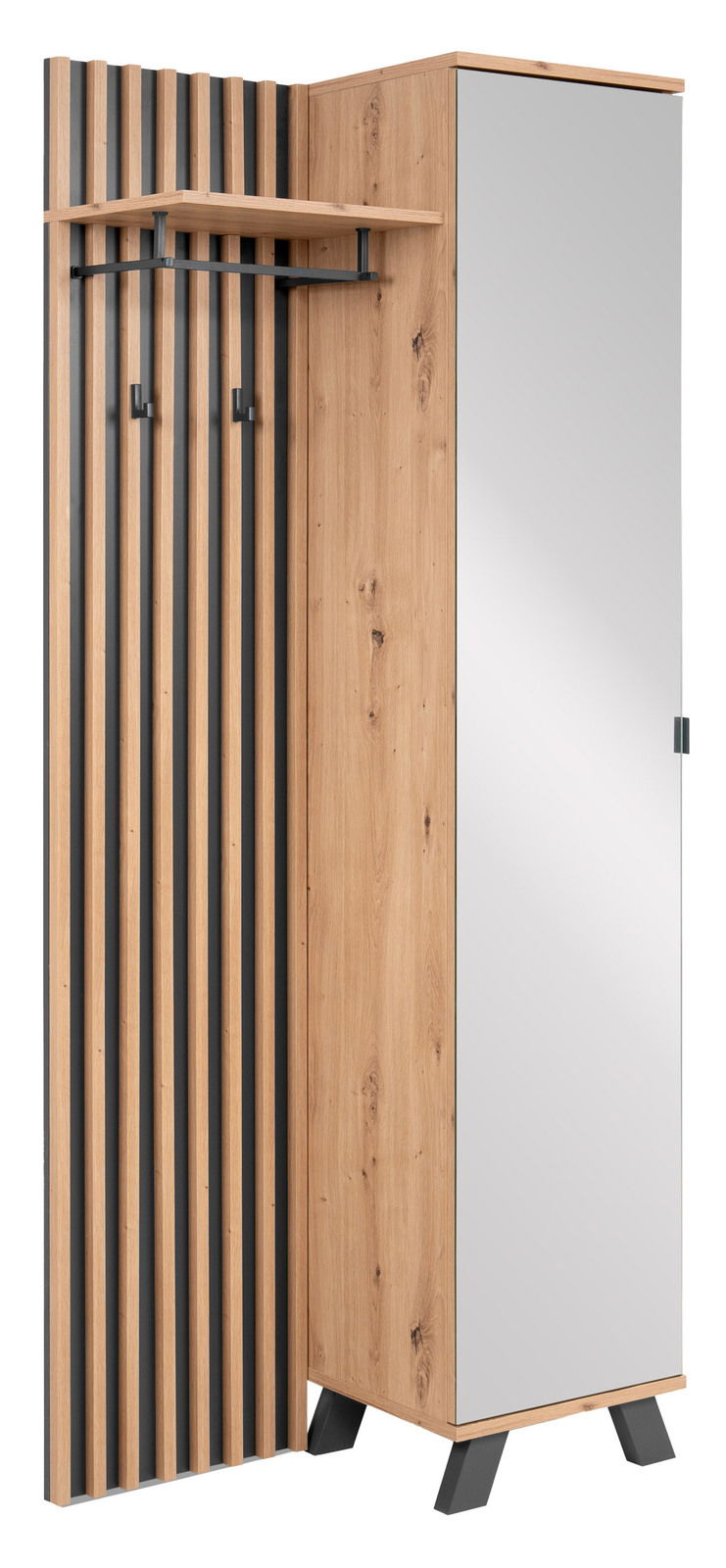 Moderne Garderobe aus Holz mit Spiegel und Haken, seitliche Perspektive
