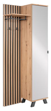 Moderne Garderobe aus Holz mit Spiegel und Haken, seitliche Perspektive