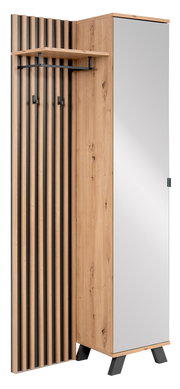 Moderne Garderobe aus Holz mit Spiegel und Haken, seitliche Perspektive