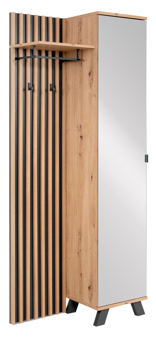 Carryhome Garderobe MEDAN Moderne Garderobe aus Holz mit Spiegel und Haken, seitliche Perspektive