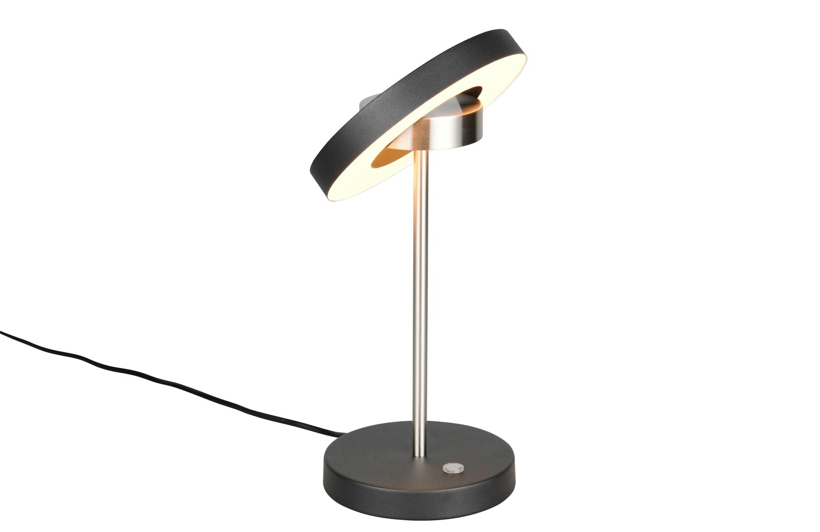 Moderne Tischleuchte mit schwenkbarem, ringförmigem Leuchtkopf, seitliche Perspektive