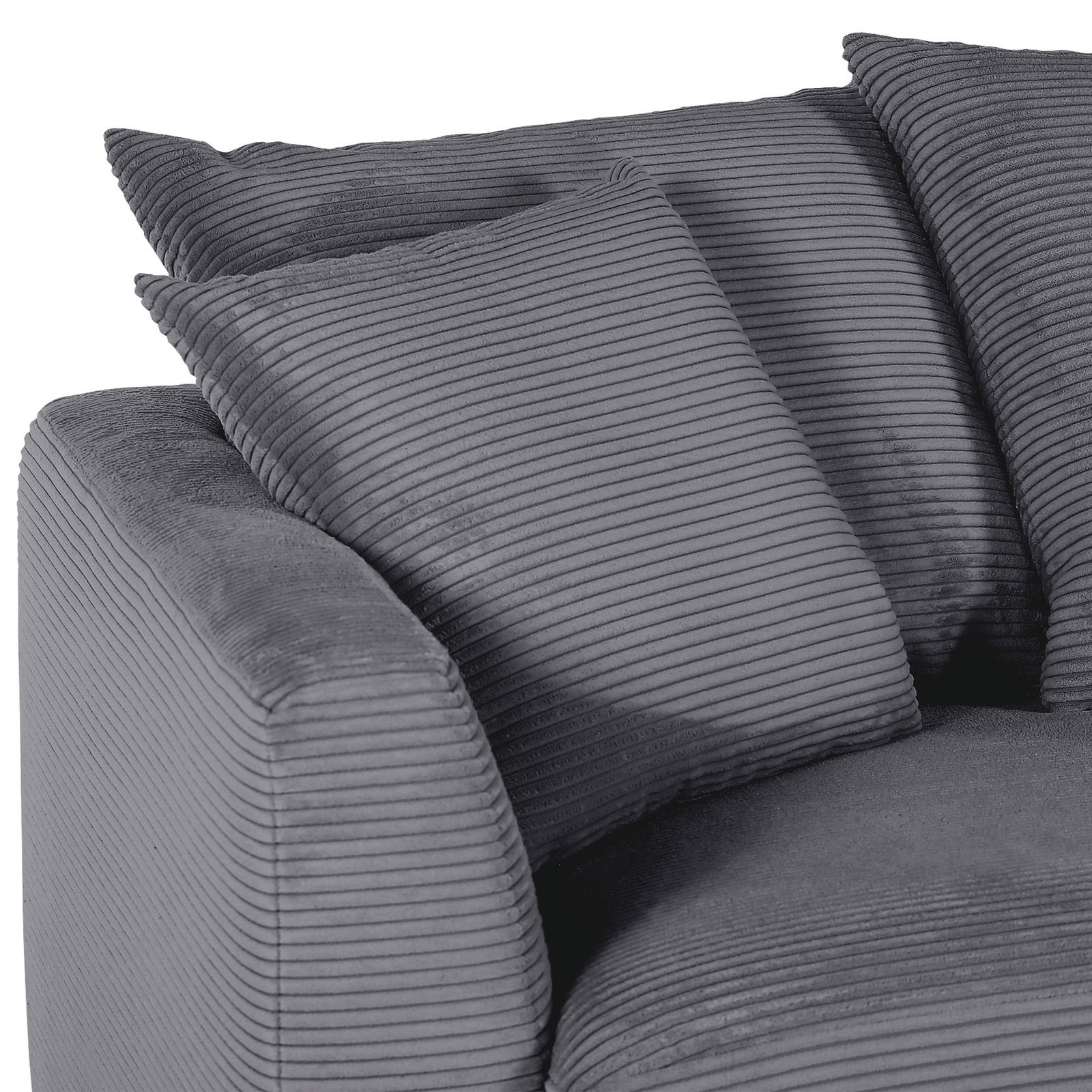 Z2 Ecksofa DONATO Graue Rundecke mit geripptem Stoffbezug und zwei Kissen, seitliche Perspektive