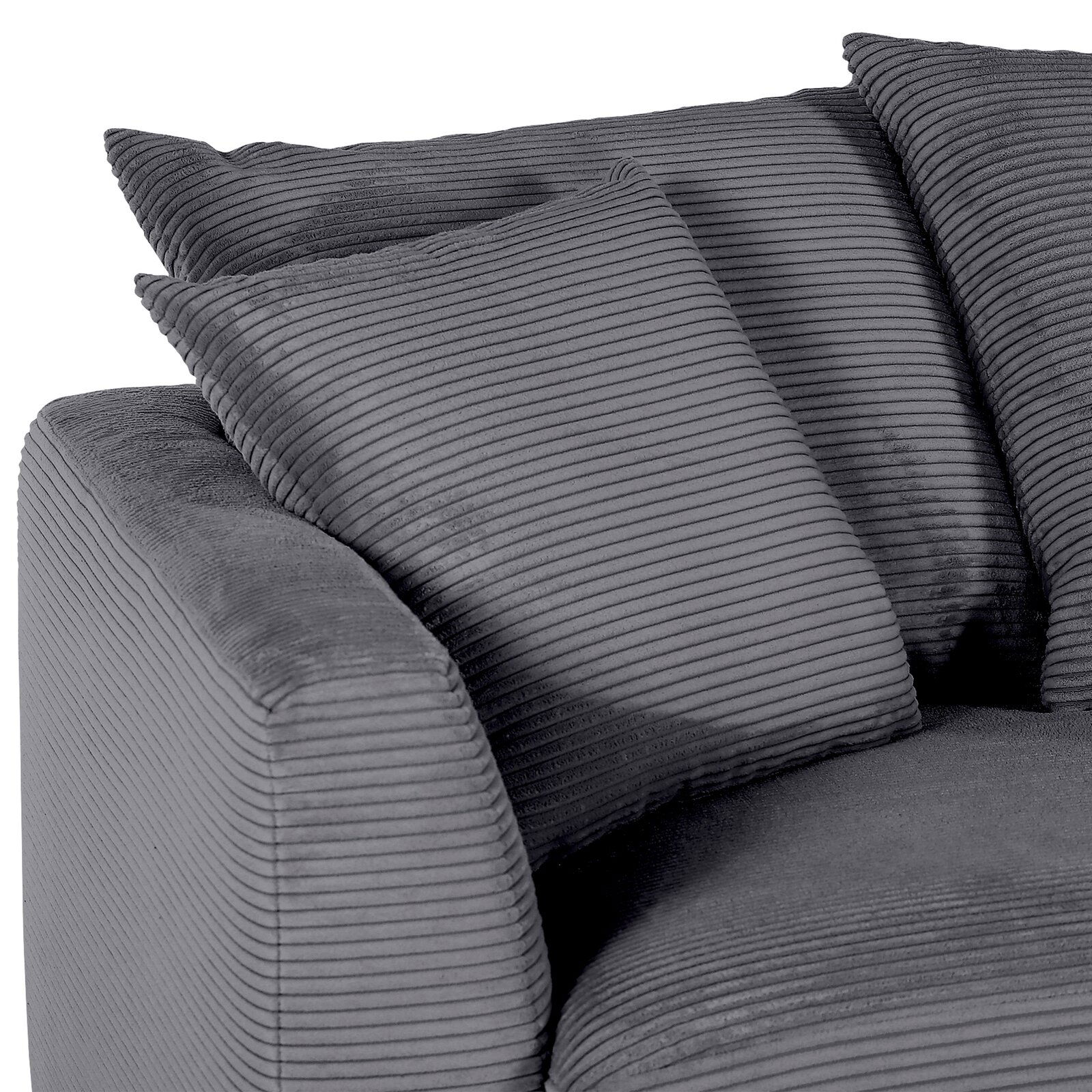 Z2 Ecksofa DONATO Graue Rundecke mit geripptem Stoffbezug und zwei Kissen, seitliche Perspektive