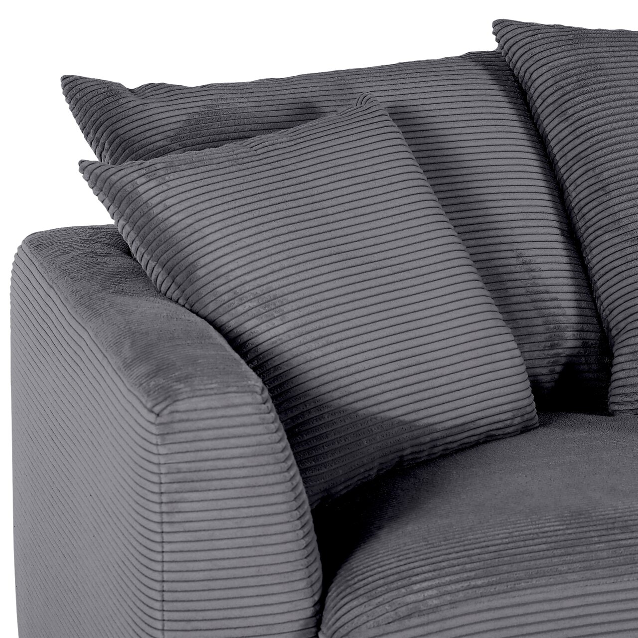 Z2 Ecksofa DONATO Graue Rundecke mit geripptem Stoffbezug und zwei Kissen, seitliche Perspektive