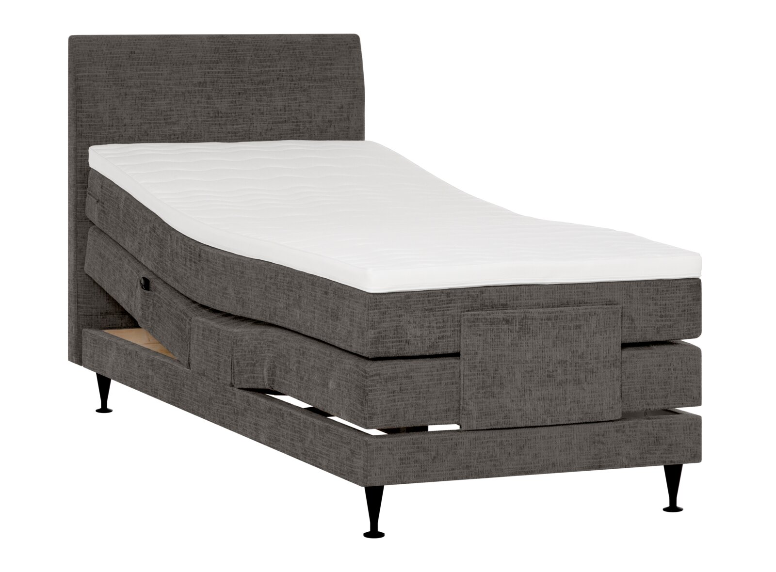 Donkergrijs gestoffeerd elektrisch verstelbaar bed met hoog hoofdbord en witte matras, schuin van voren weergegeven